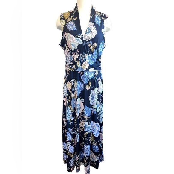 Rabbit Rabbit Rabbit Dress Size 14 Blue Floral Sleeveless Low VNeck Pullover - Picture 1 of 11